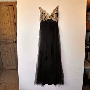 Windsor Black & Gold Embroidered Tulle Gown Empire Waist Maxi Front Slit